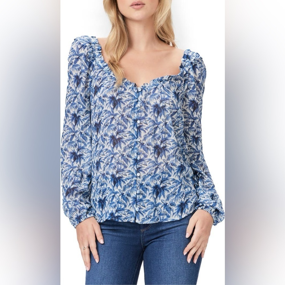 Paige Myla Silk Blouse Palm Print Relaxed Fit Size Large Boho Chic Resort Nwt